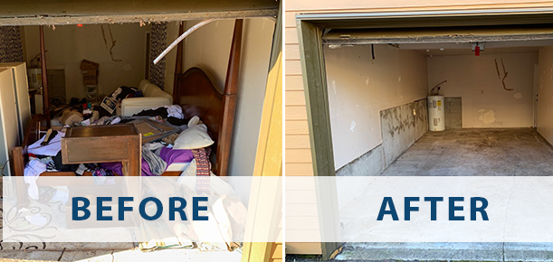 The image shows a before and after comparison of a garage cleanout, with the left side displaying a cluttered space filled with boxes and miscellaneous items, and the right side showing the same garage completely emptied and clean.